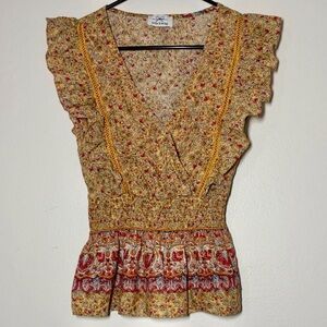 Twine & String Floral Ruffle Sleeve Peplum Top Blouse Cotton